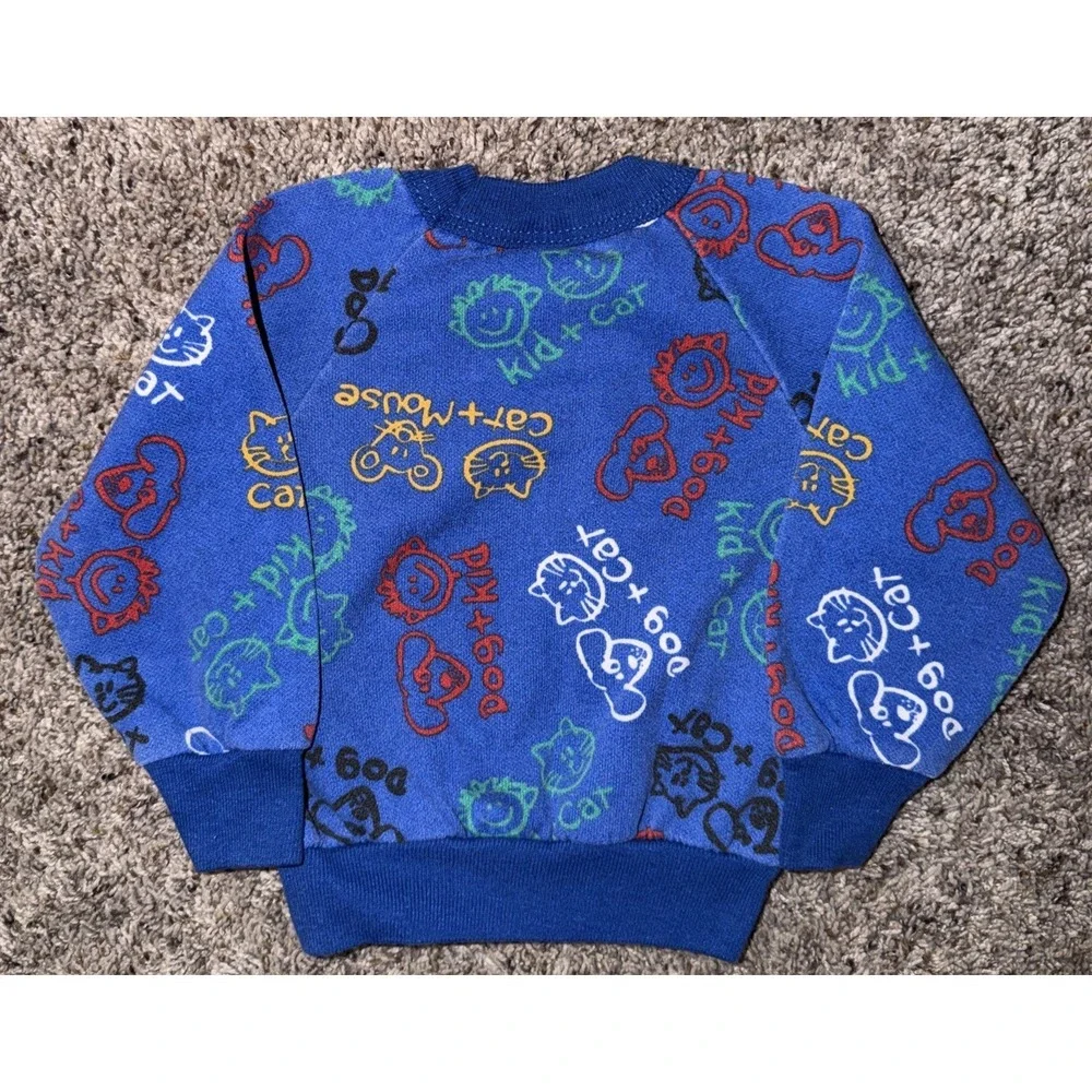 Vintage Y2K Fisher Price Kidswear‎ Toddler Sweatshirt Dog Cat Mouse Print Blue